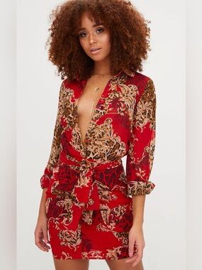 PrettyLittleThing Sheer Red Leopard Print Dress